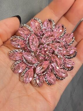 Pink Rhinestone Flower Brooch Sparkly Floral Statement Silver 2.5"
